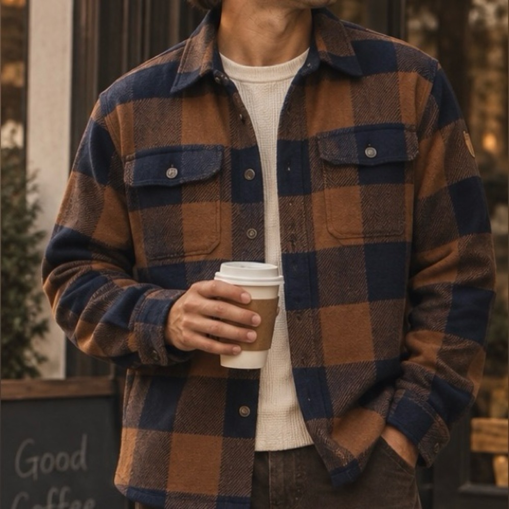 Fjallraven Men's Canada Shirt Plaid Button-Front Wool Blend Brown Navy - XXL
